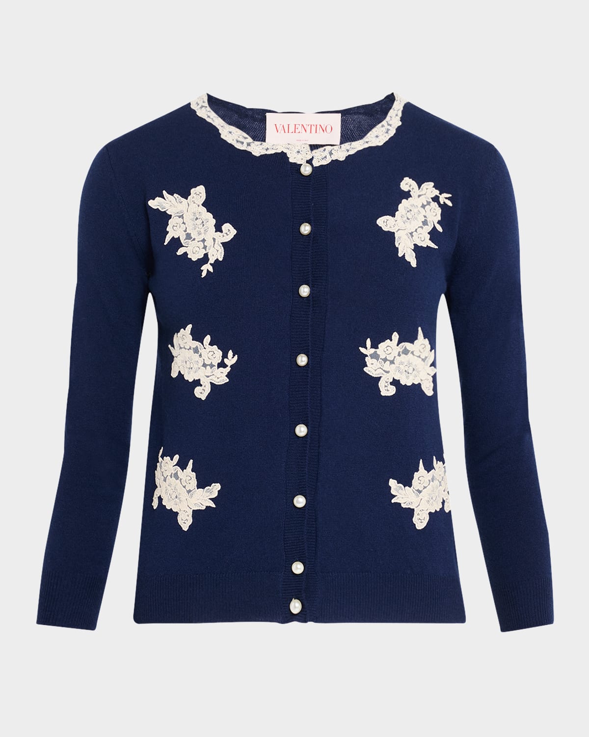 Valentino Lace-trimmed Virgin Wool Cardigan In Blue Ivory