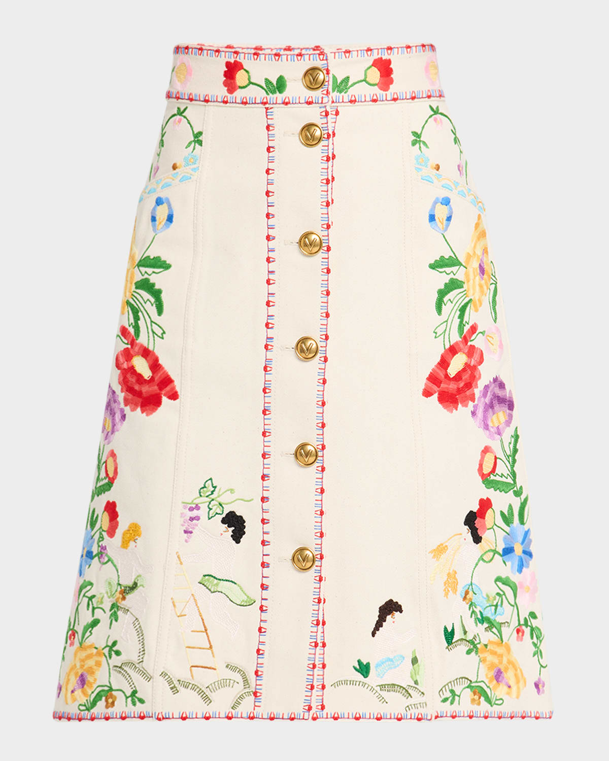 VALENTINO FLORAL EMBROIDERED BUTTON-FRONT DENIM SKIRT 