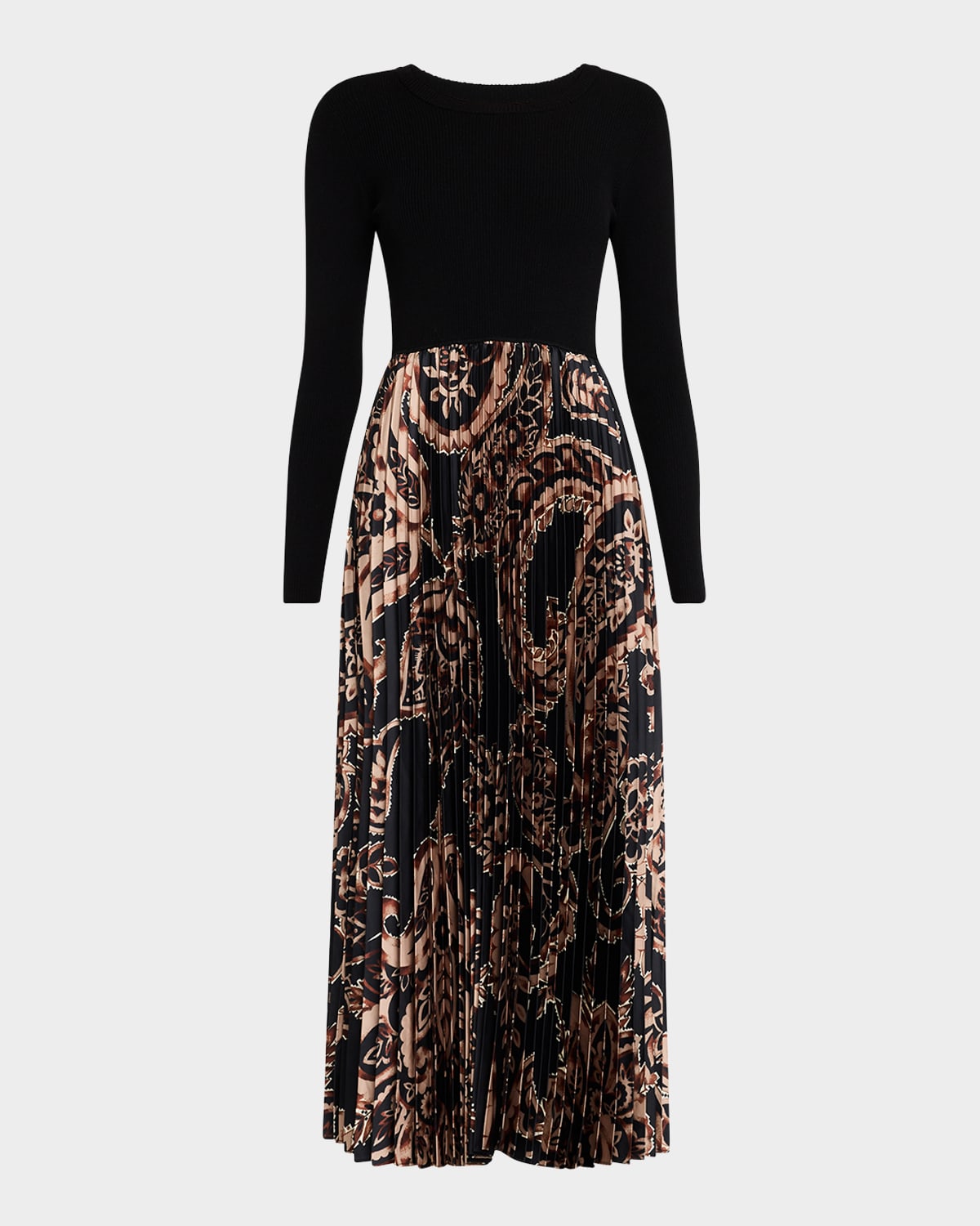 Shop Elie Tahari The Mave Pleated Paisley-print Midi Dress In Noir Top W/ Printed Mystical Paisley Black Groundpleated Skirt