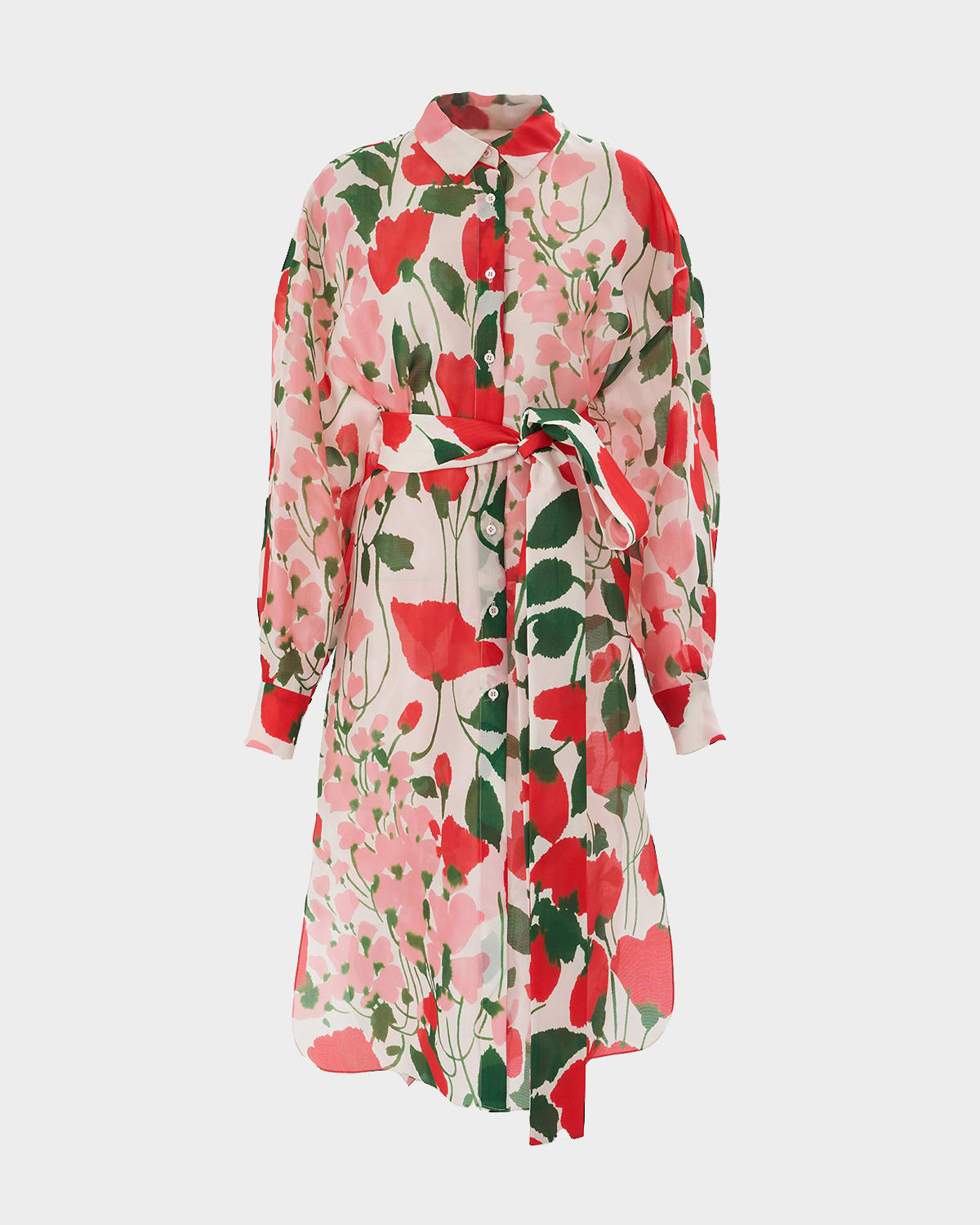 Carolina Herrera Rose Print Oversized Self-belt Midi Shirt Dress In White Multi