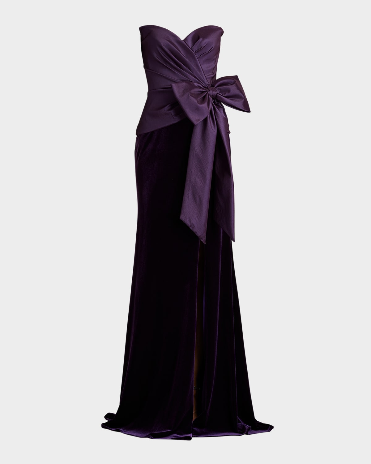 Shop Tadashi Shoji Strapless Taffeta & Velvet Bow Gown In Plum