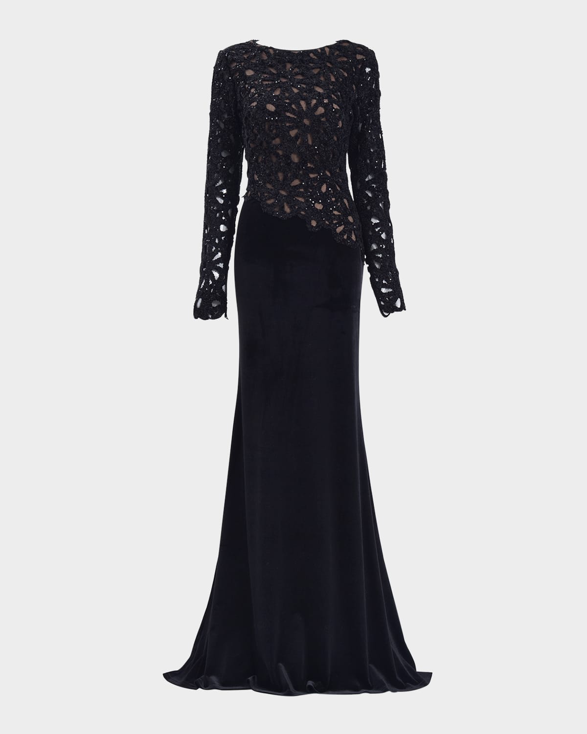 Tadashi Shoji Sequin Lace Bodice Long Sleeve Velvet Gown In Black