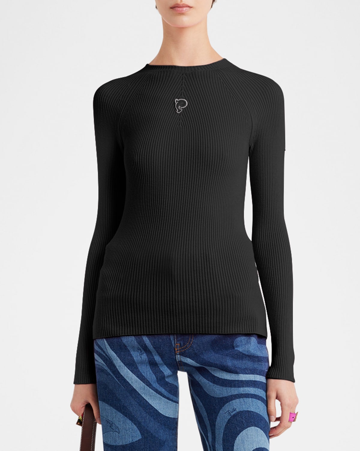 Pucci Fine Wool-lycra Vanise Rib Long-sleeve Top In Nero
