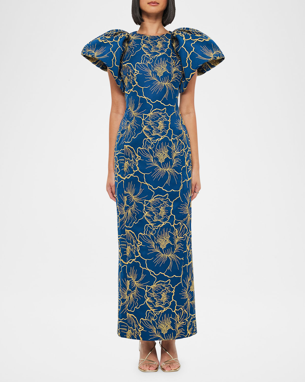 Lucinda Puff-Sleeve Floral Jacquard Column Gown