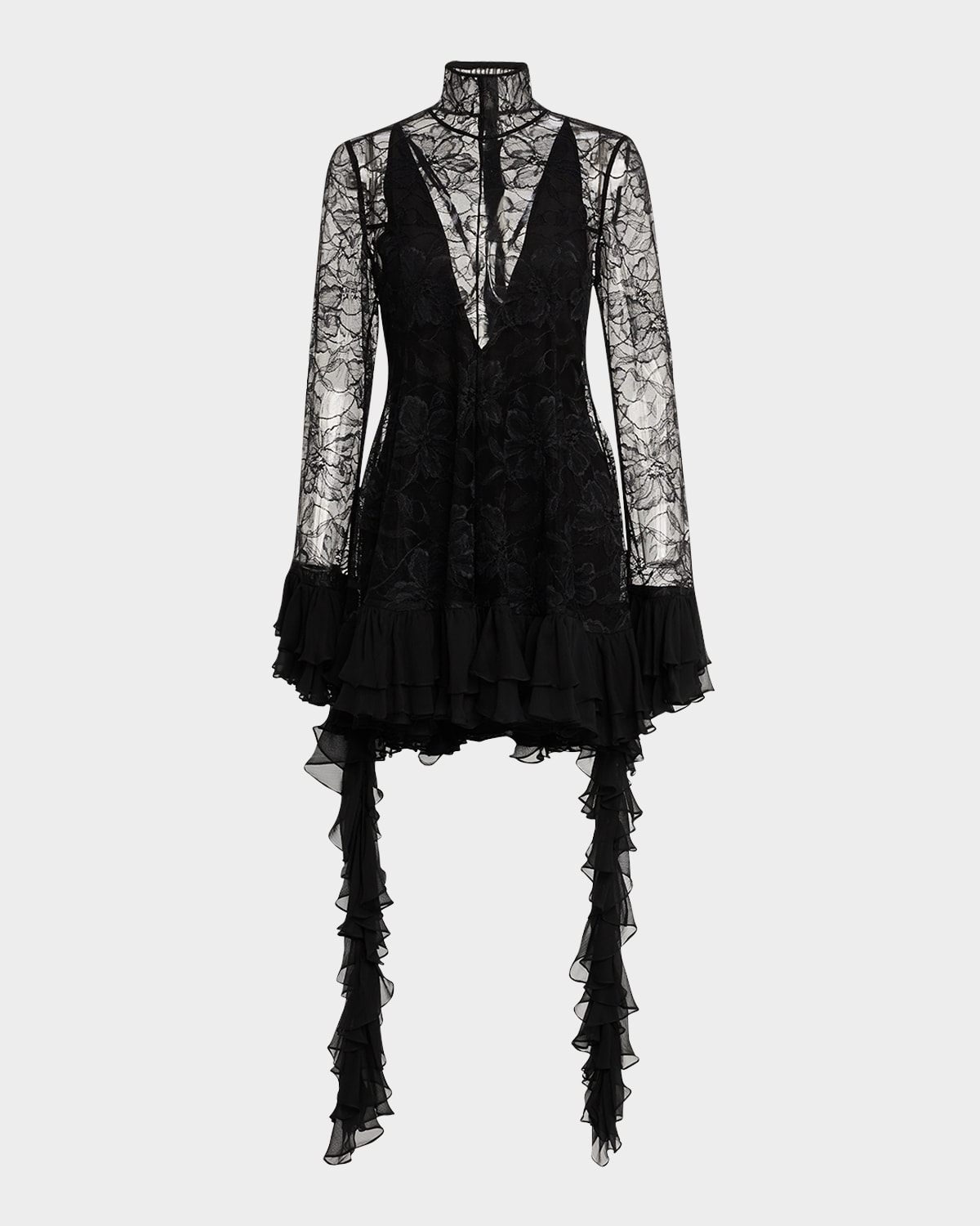 Aliya Long-Sleeve Ruffle Lace Mini Dress