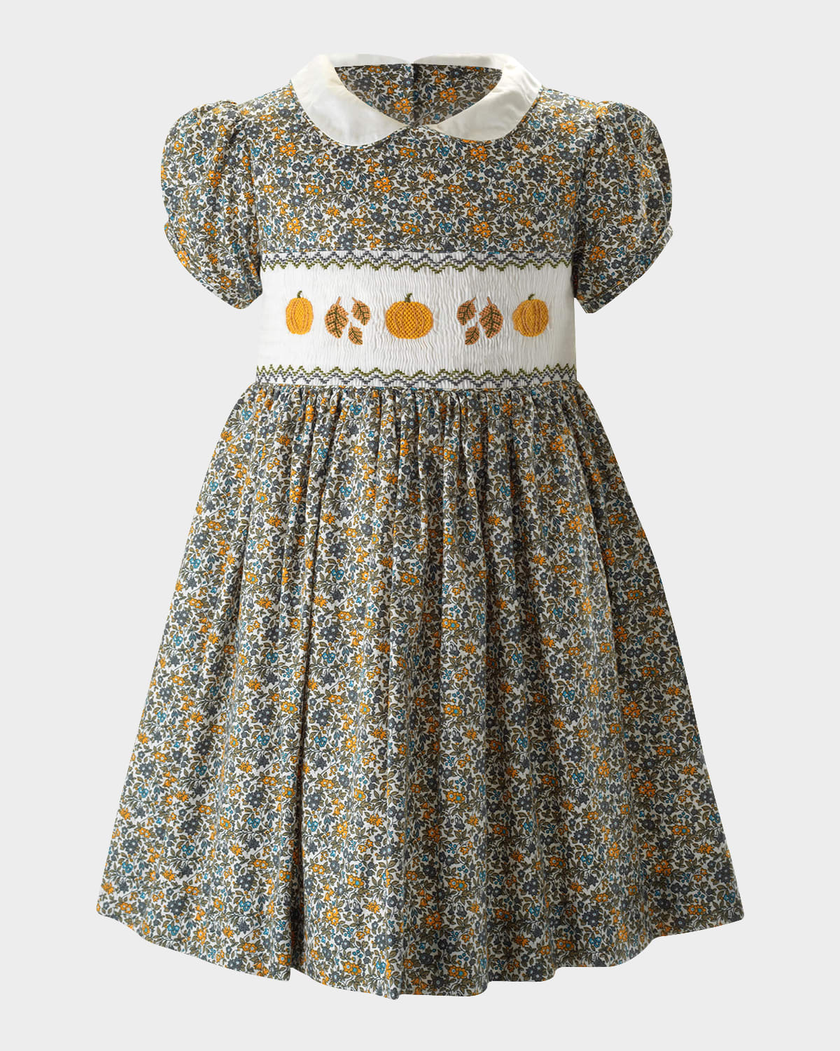Rachel Riley Girl's Pumpkin Smocked Floral-print Dress In Orange