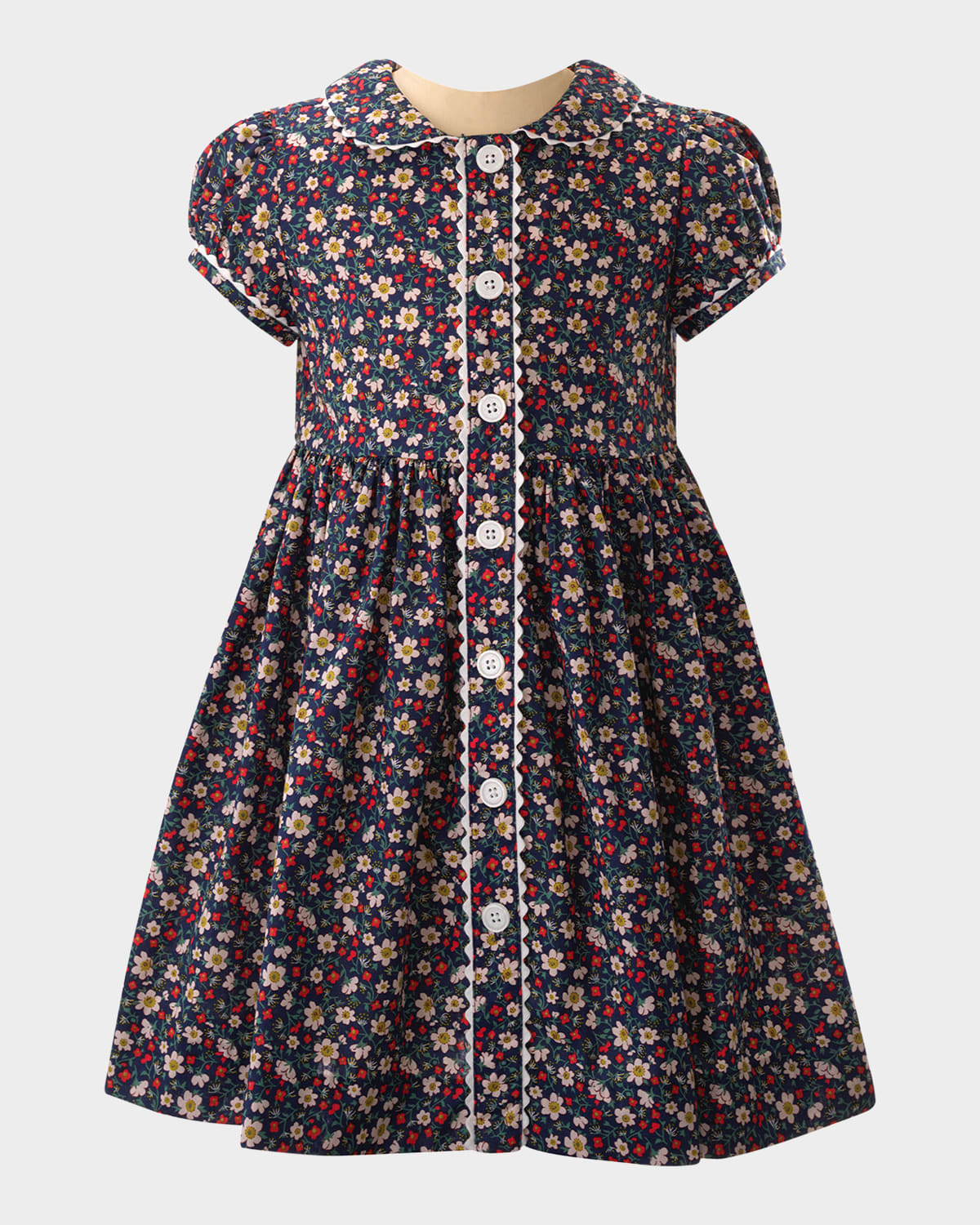 Rachel Riley Girl's Poppy Floral-print Button-front Dress In Navy
