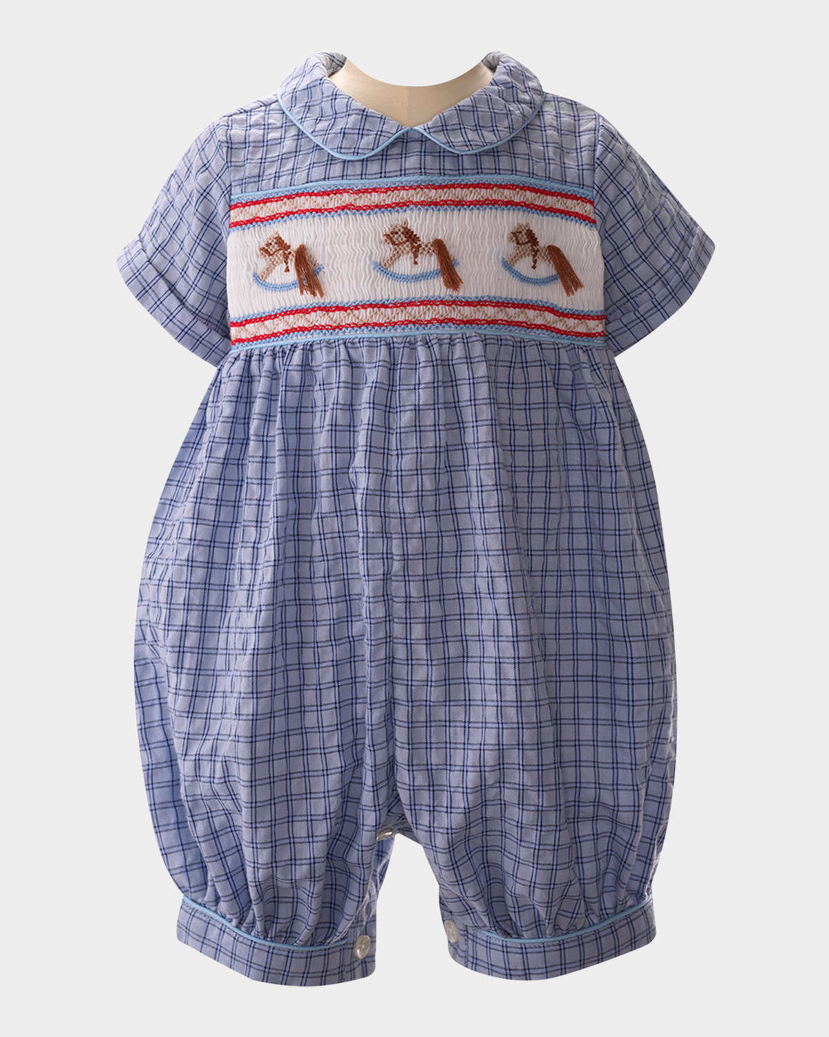 Rachel Riley Boy's Check-print Rocking Horse Smocked Playsuit In Blue