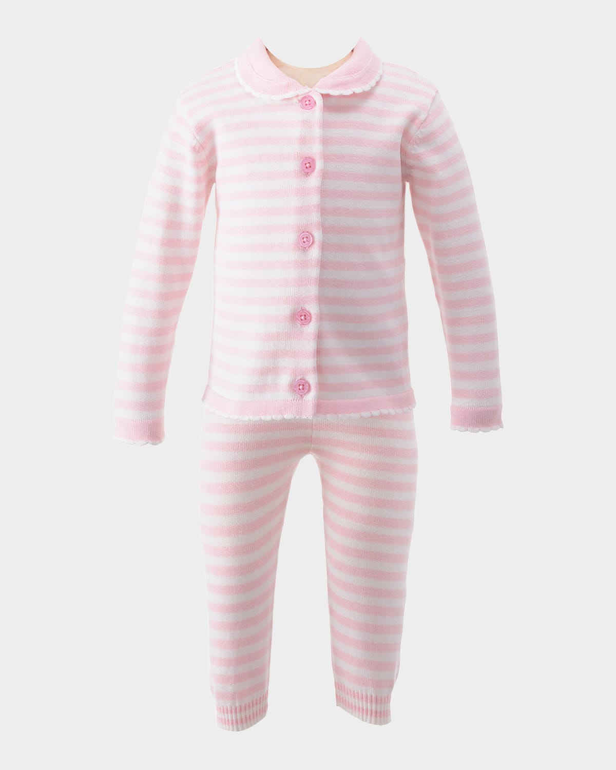 Rachel Riley Girl's Striped Scallop Trim Knit Set In Pink