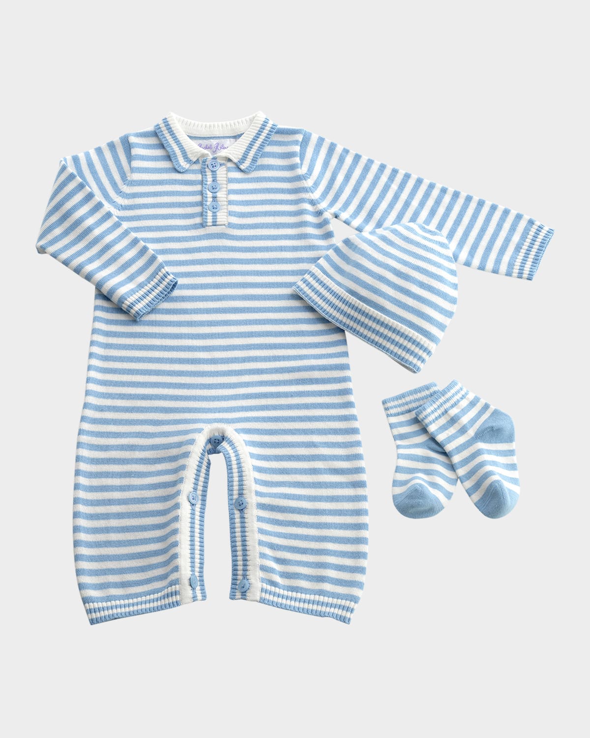 Rachel Riley Boy's Knit Striped 3-piece Playsuit Gift Set In Blue
