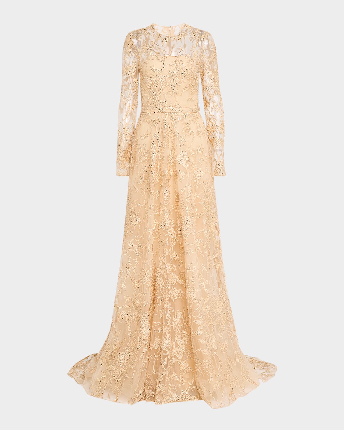 Sequin Embroidered Tulle Long-Sleeve Illusion Gown