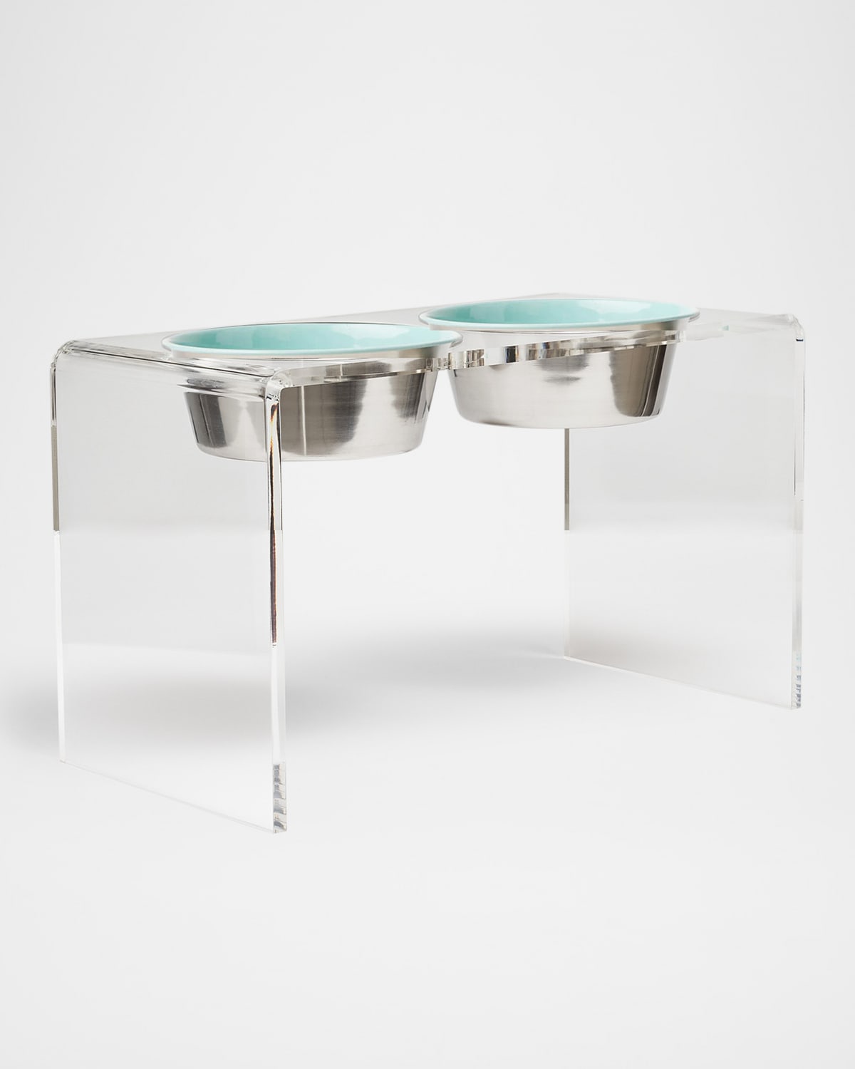 Hiddin Tall Clear Double Feeder With Slow Feed Bowls, 2 Quarts In Clear/teal