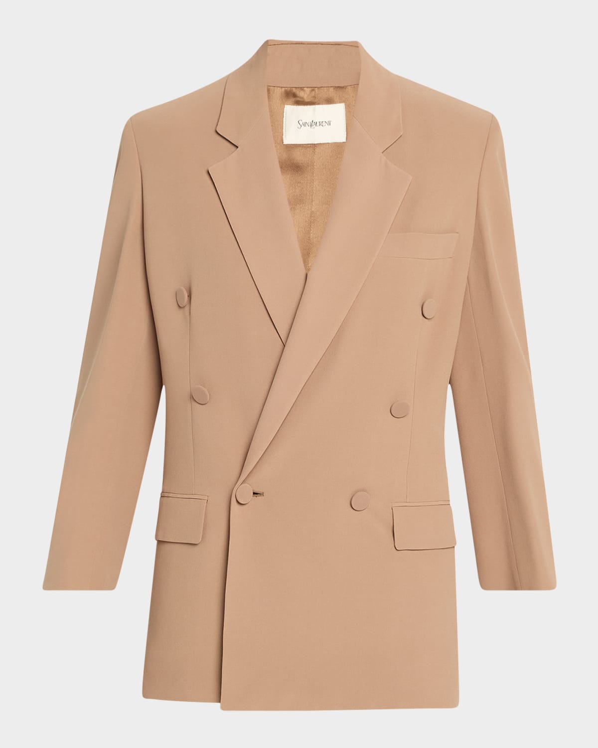 Saint Laurent Double-breasted Silk Wrap Blazer In Coffee Bei
