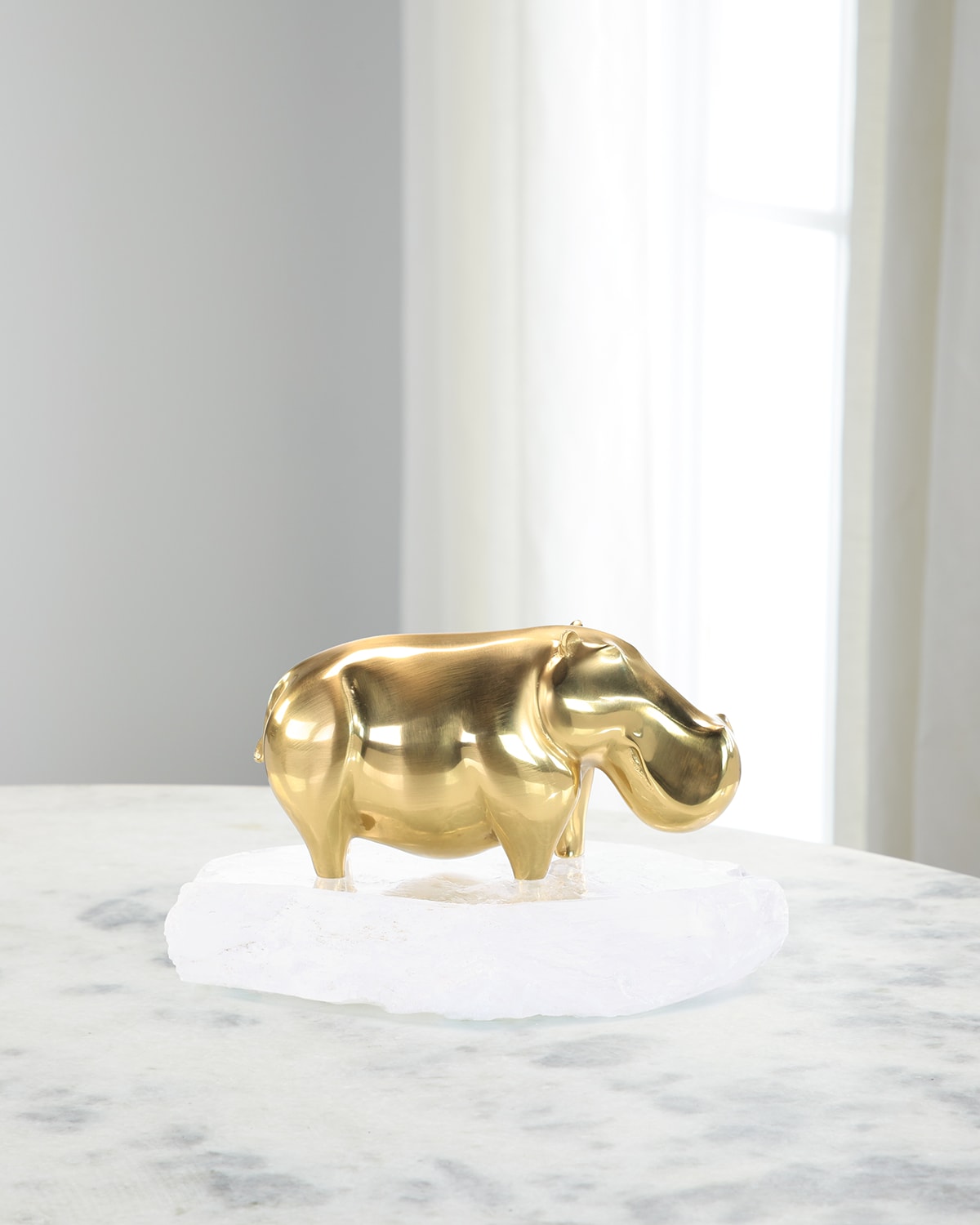John-richard Brass Hippo On Selenite Scuplture In Clear