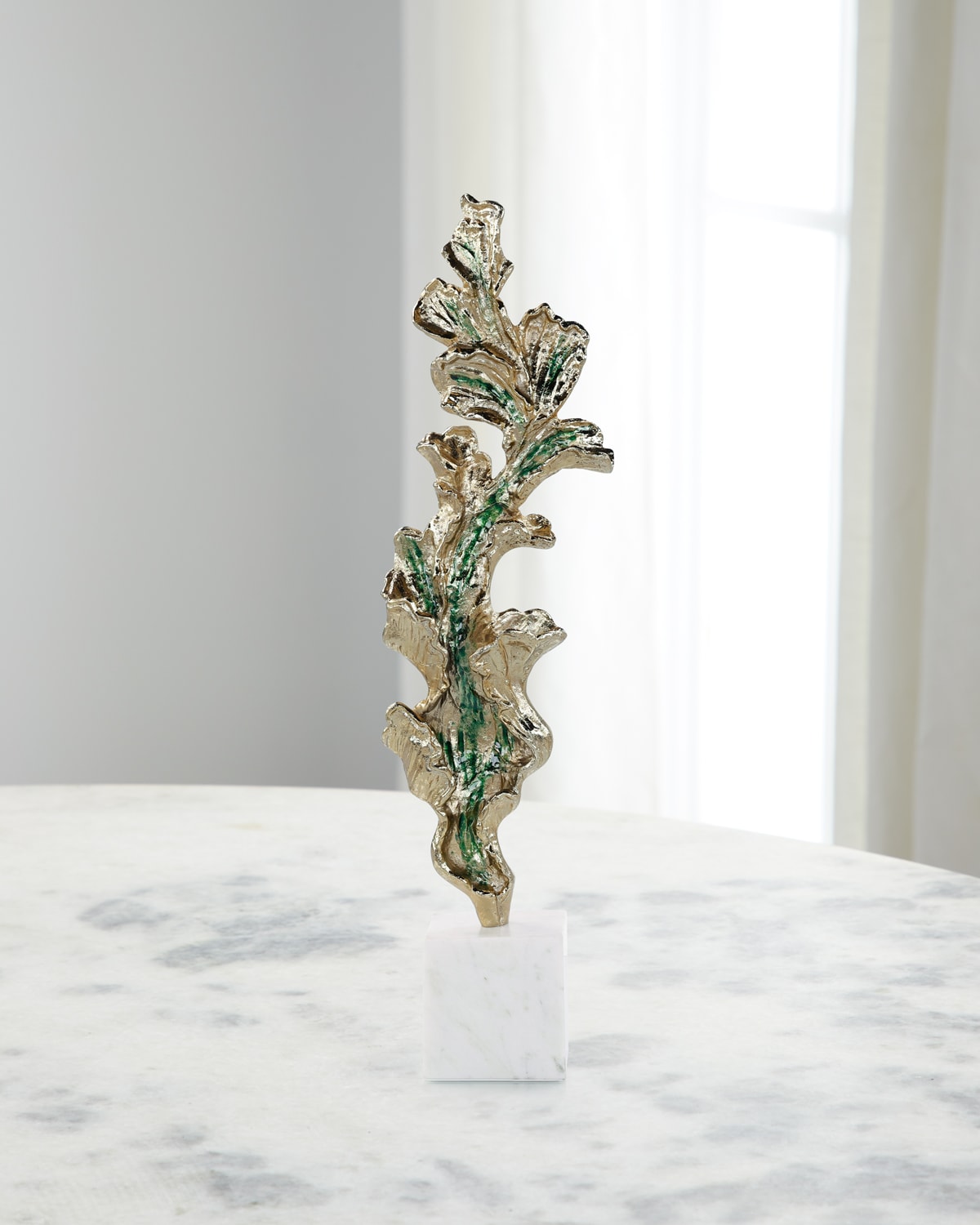 John-richard Collection Gleaming Leaf Sculpture On Marble Base In Gold