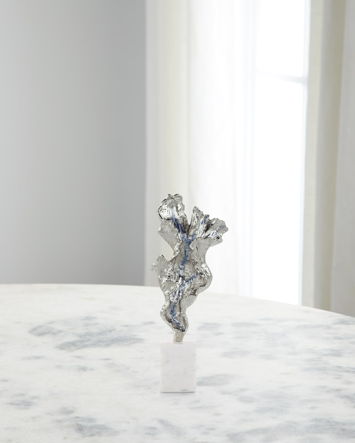 John-richard Collection Gleaming Leaf Sculpture On Marble Base In Silver