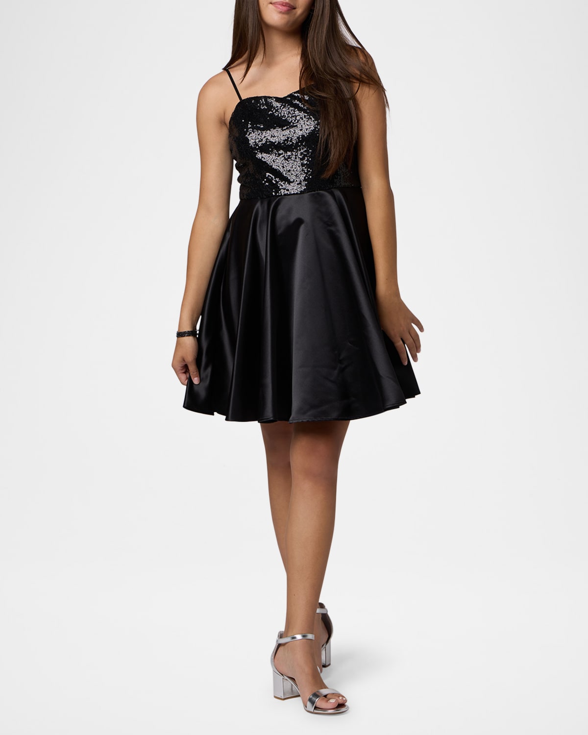 Un Deux Trois Girl's Sequin & Satin Combo Dress In Black