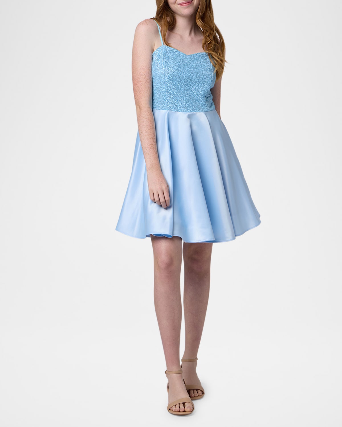 Un Deux Trois Girl's Sequin & Satin Combo Dress In Light Blue