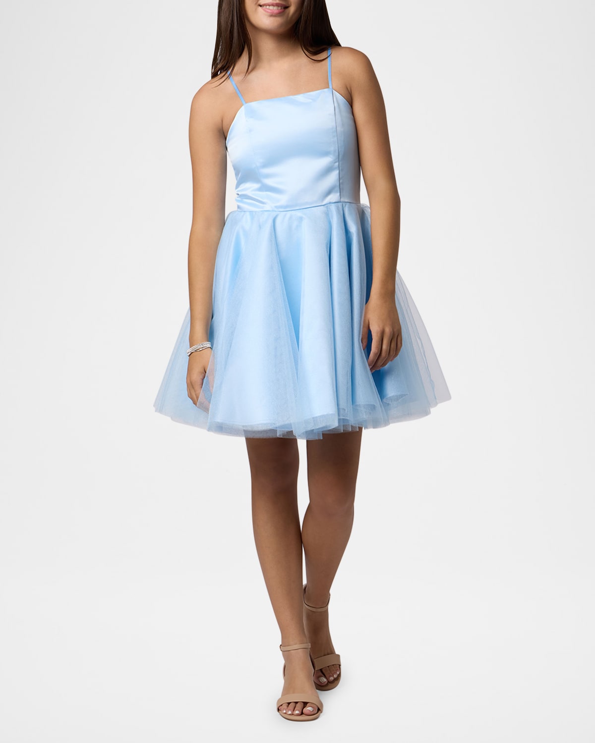 Un Deux Trois Girl's Satin & Tulle Party Dress In Light Blue