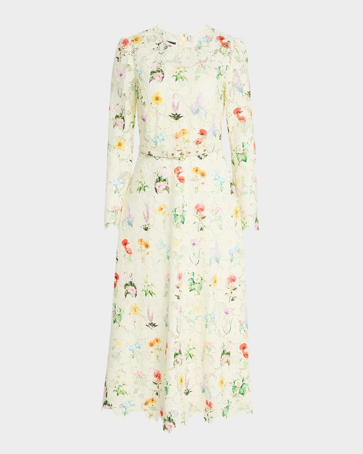 Printed Lace Long-Sleeve Belted Midi Dress