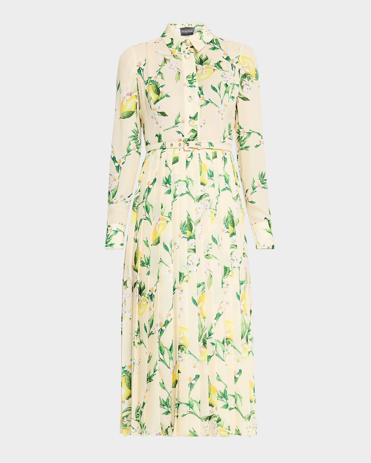 Lemon-Print Long-Sleeve Pleated Midi Shirtdress With Belt