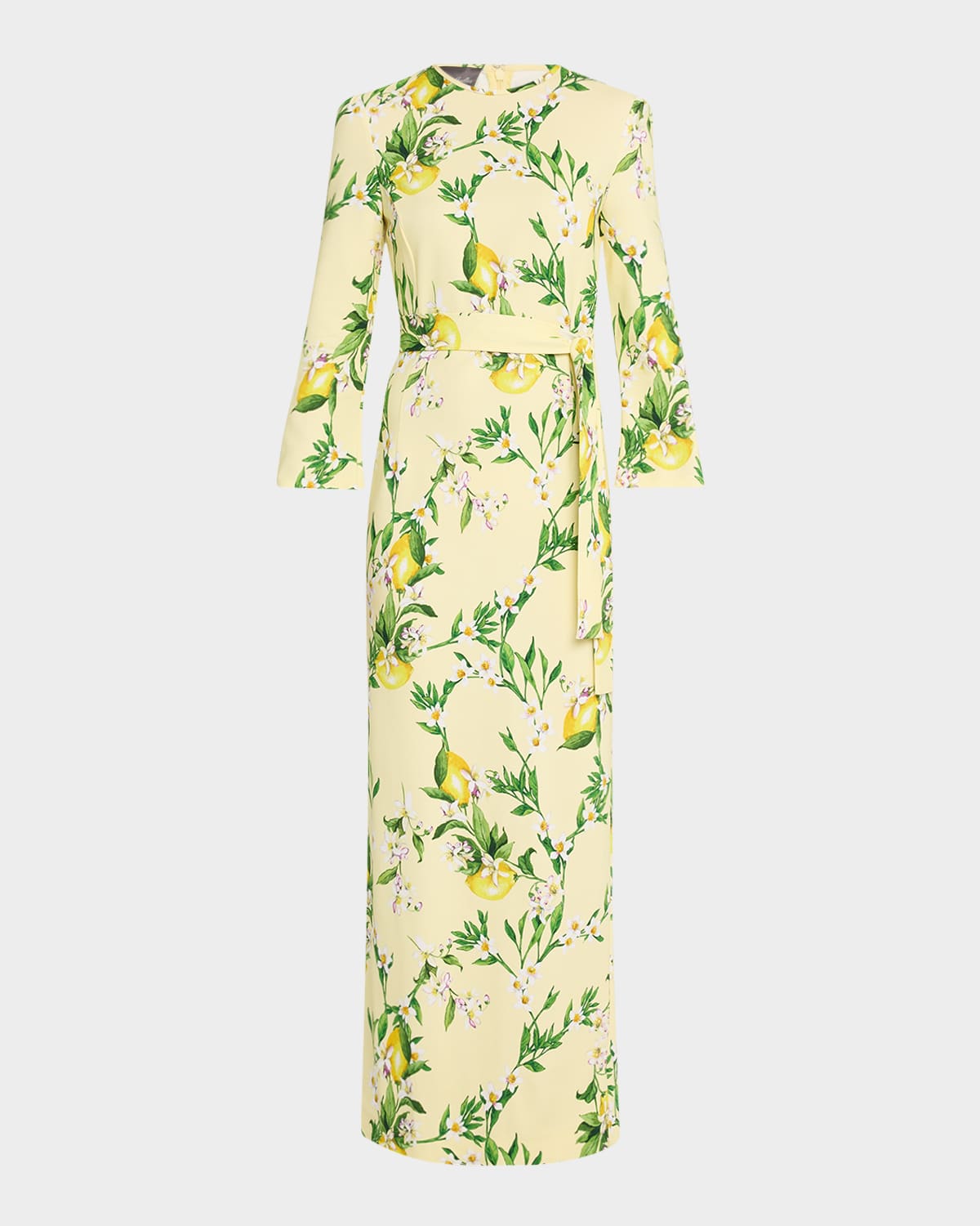 Lemon-Print Bracelet-Sleeve Sheath Maxi Dress