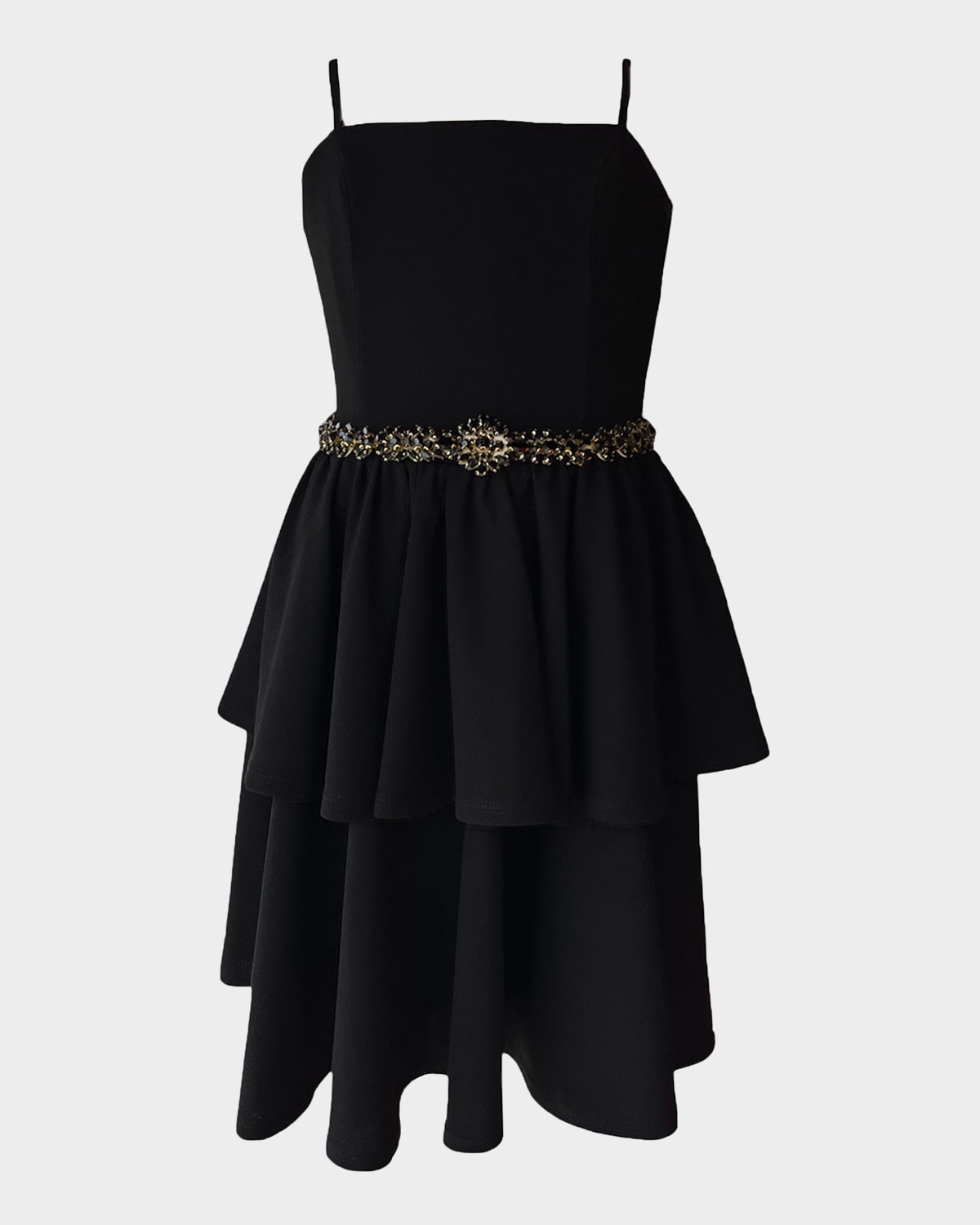 Un Deux Trois Girl's Tiered Dress W/ Embellished Belt In Black