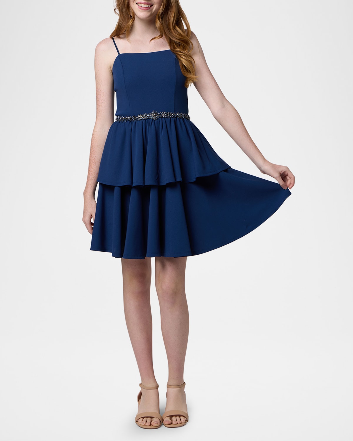 Un Deux Trois Girl's Tiered Dress W/ Embellished Belt In Navy Blue