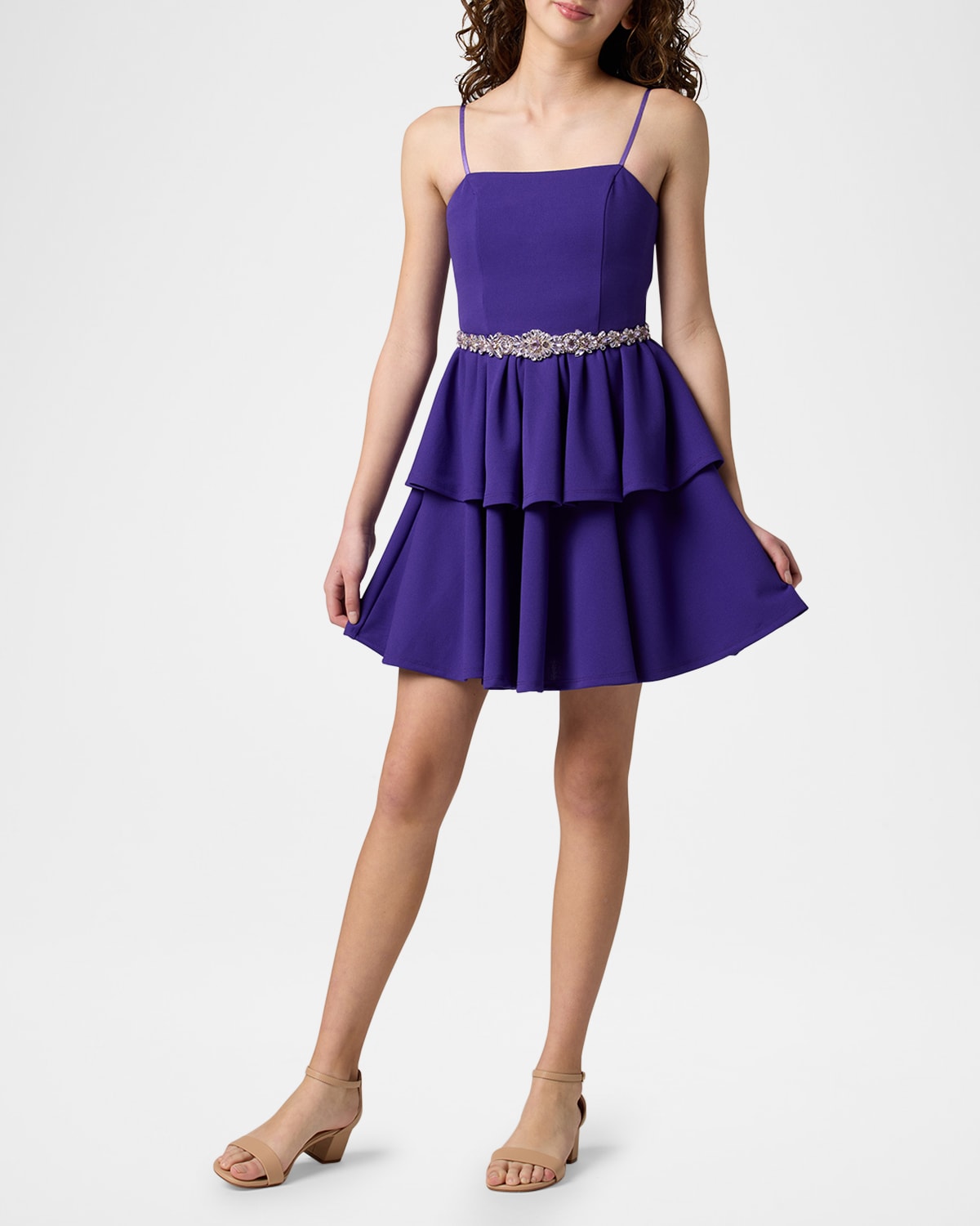Un Deux Trois Girl's Tiered Dress W/ Embellished Belt In Purple
