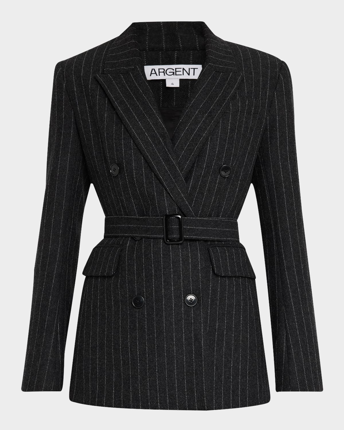 ARGENT Belted Pinstripe Double-Breasted Blazer