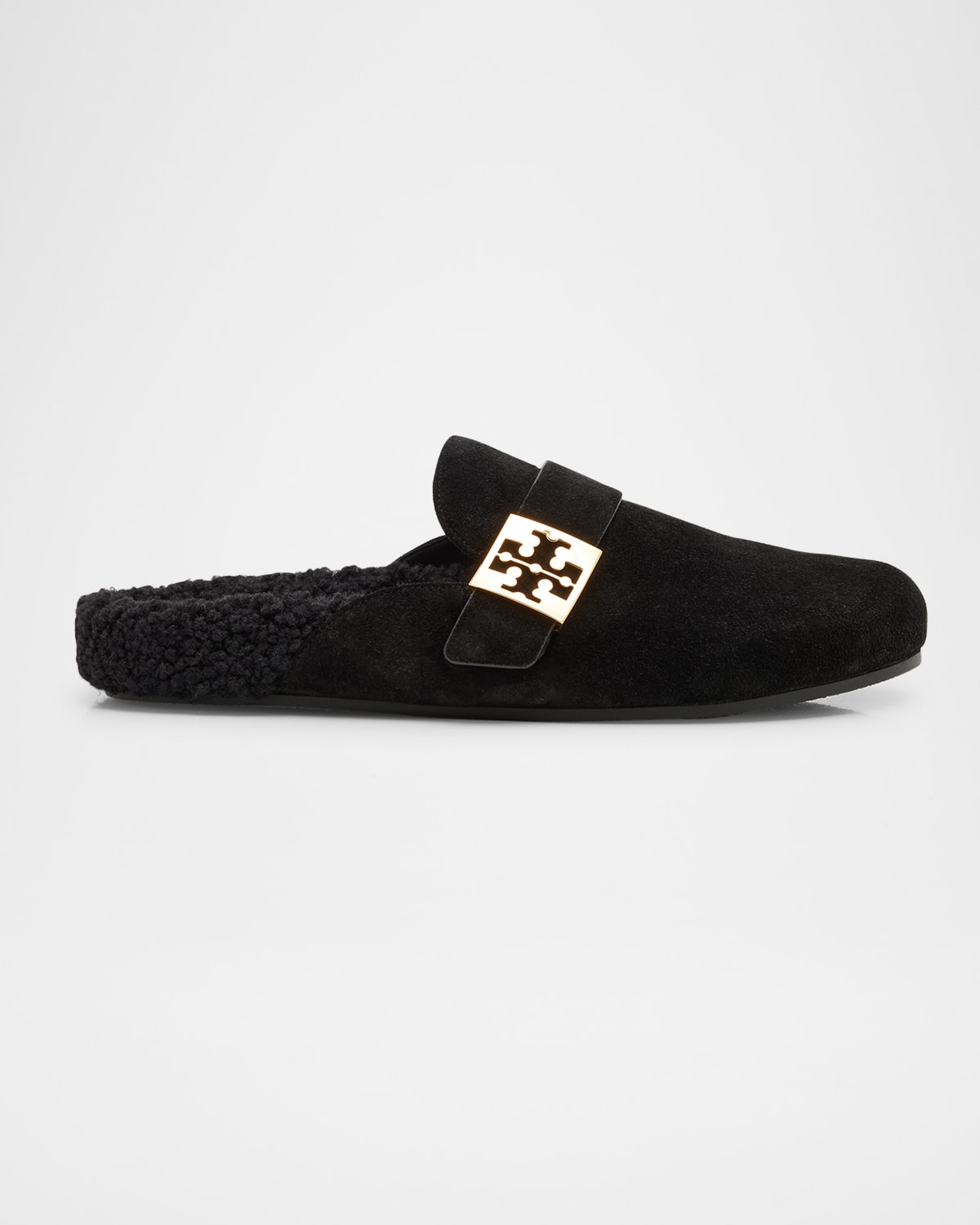 Tory Burch Mellow Logo Plaque Shearling Flat Mules In Black