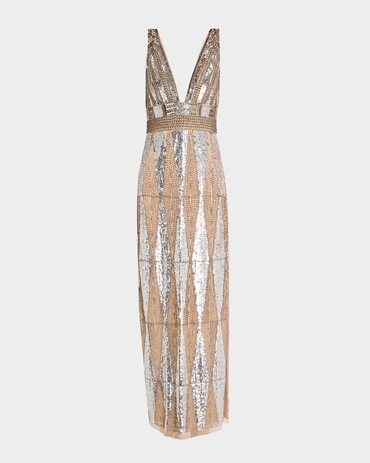 Beaded Deep V-Neck Column Gown