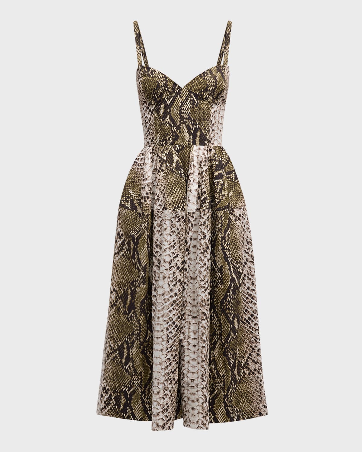 Shop Oscar De La Renta V-neck Snake-print Sleeveless Cotton Midi Dress In Olive
