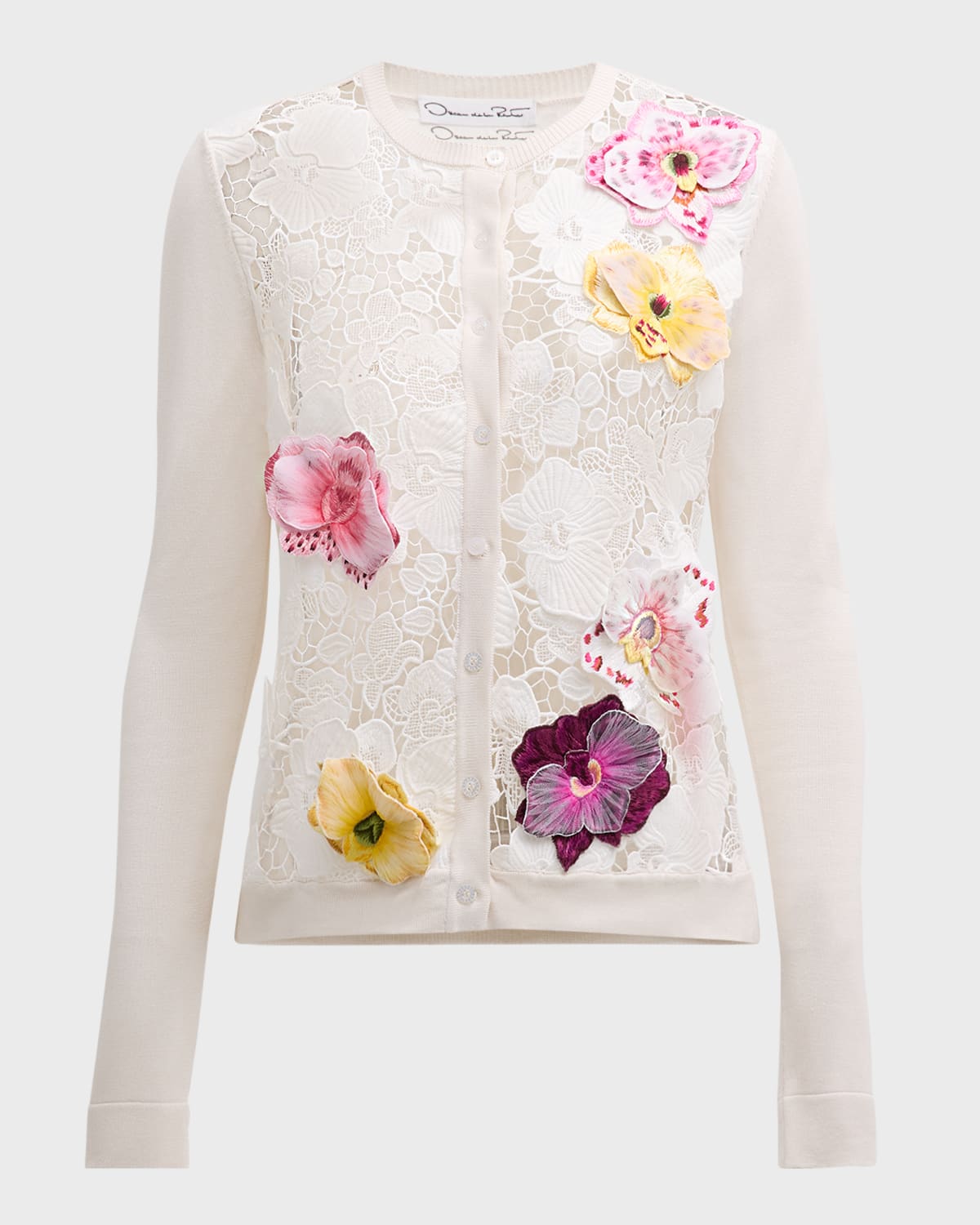 Shop Oscar De La Renta Orchid Embroidered Lace Cardigan In White Multi
