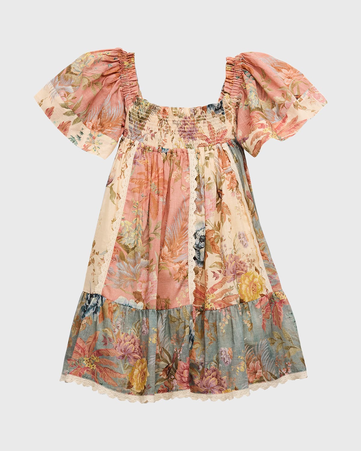 ZIMMERMANN GIRL'S TALLOW SMOCKED FLORAL-PRINT PATCHWORK-PRINT FRILL DRESS 