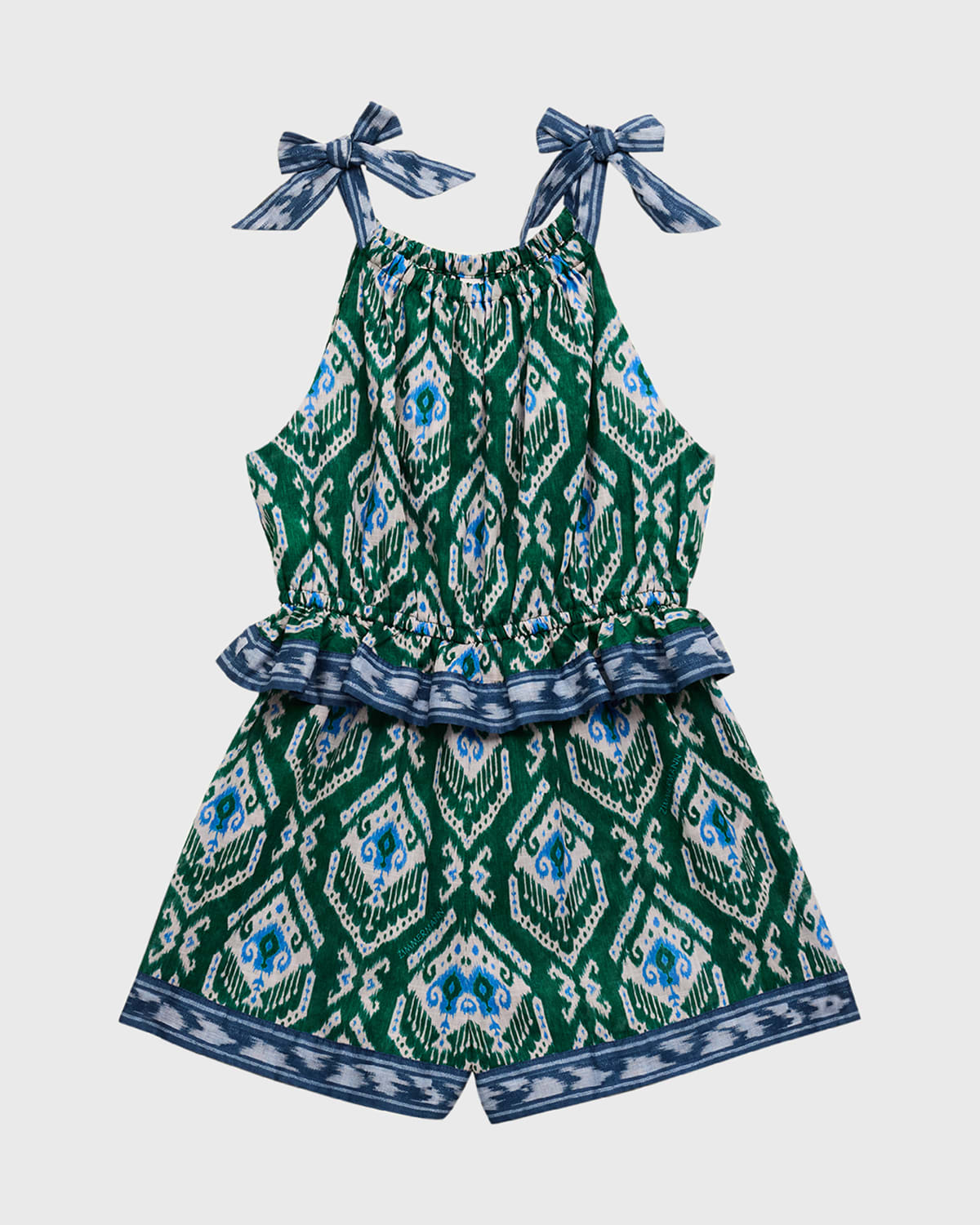 Zimmermann Girl's Wylie Frill Halter Playsuit In Green/blue Ikat
