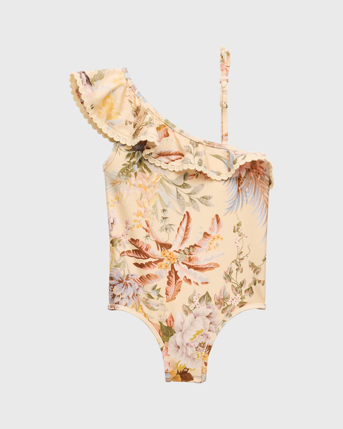 ZIMMERMANN GIRL'S TALLOW FLORAL-PRINT FRILL ONE SHOULDER SWIMSUIT 