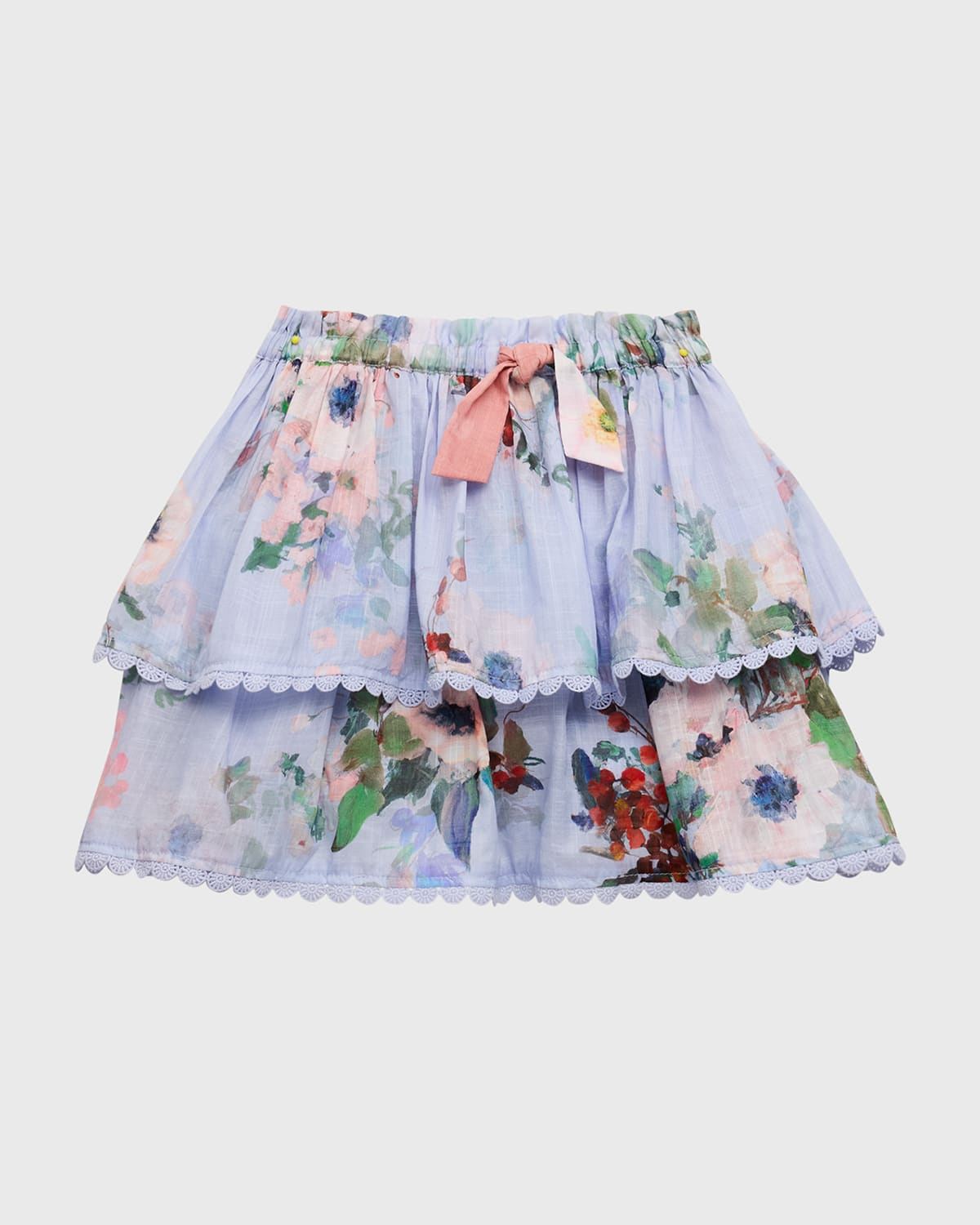 Zimmermann Kids Everley Floral-print Tiered Skirt In Light Blue Watercol