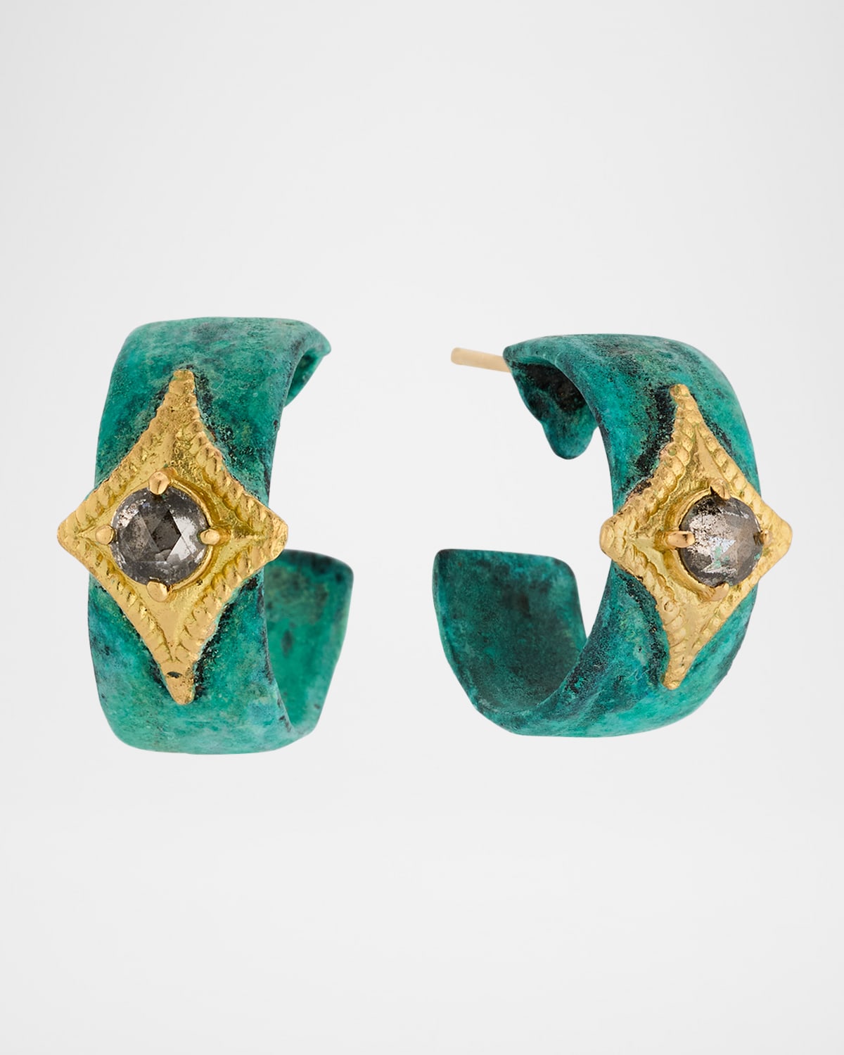 18K Yellow Gold and Antiqued Copper Artifact Crivelli Gray Diamond Hoop Earrings
