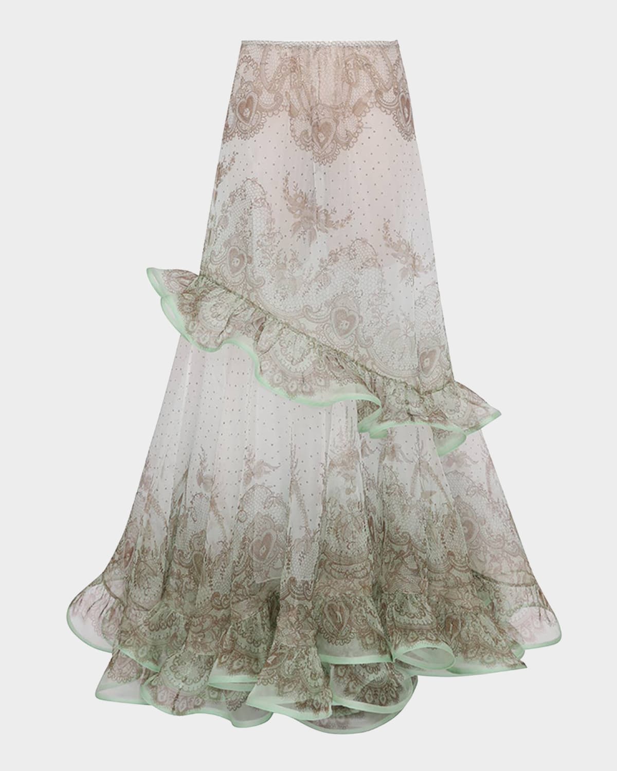 Zimmermann Crush Flutter Maxi Skirt In Mint Lace Print