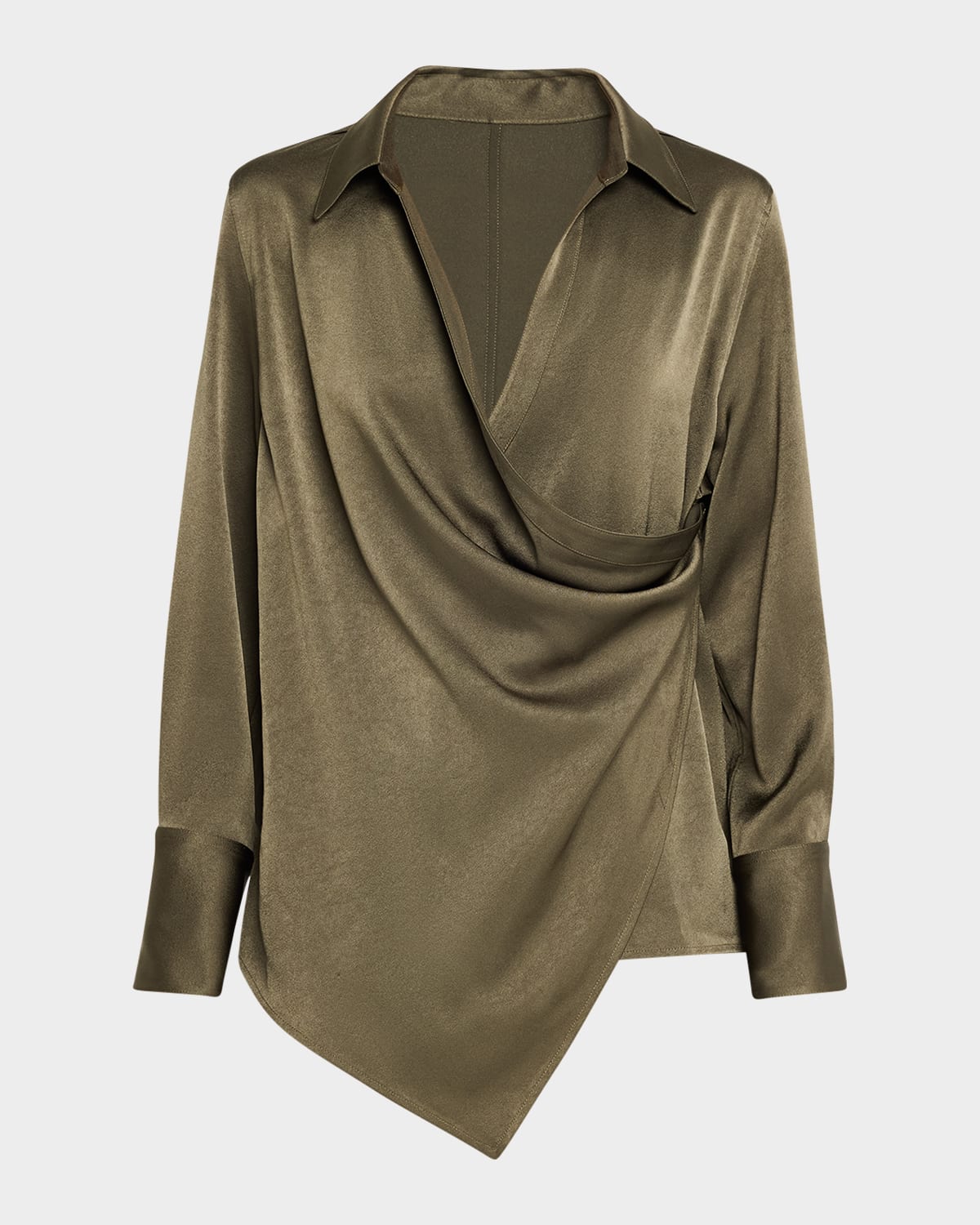Shop Helmut Lang Fluid-satin Relaxed Wrap Shirt In Olv