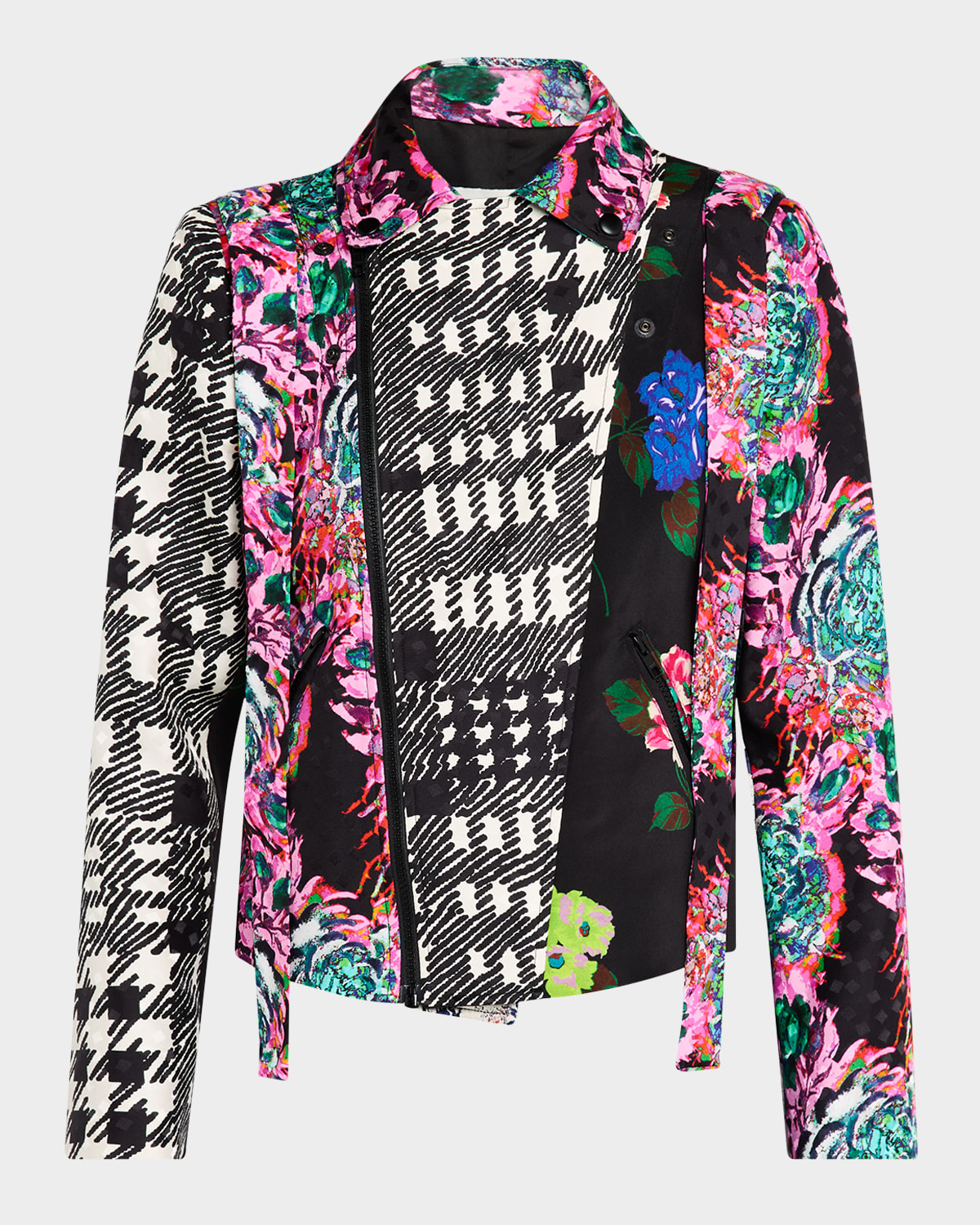 Patchwork Silk Bow-Shoulder Moto Jacket