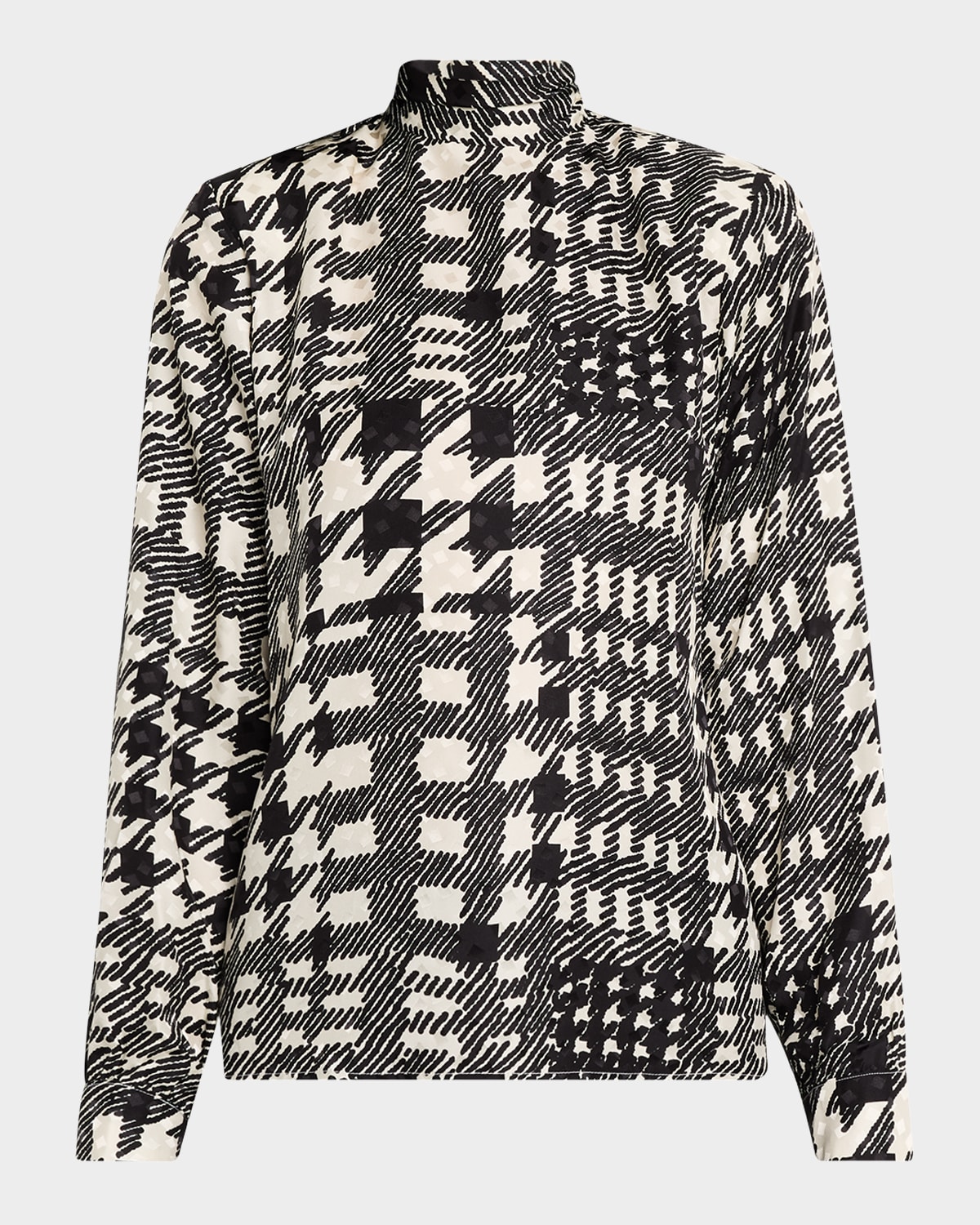 Bianca Peggys Houndstooth-Print Neck-Tie Silk Blouse