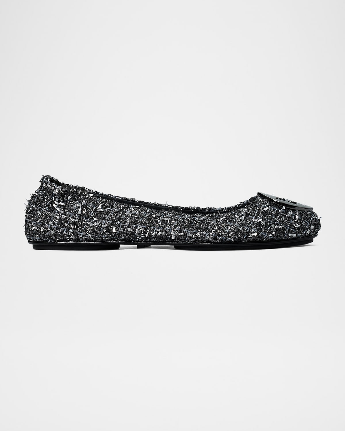 Shop Tory Burch Minnie Tweed Travel Ballerina Flats In Silver Confetti  Gunmetal