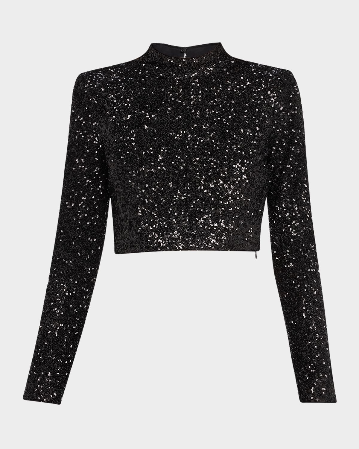 Frame Cropped Sequin Top In Black In Black