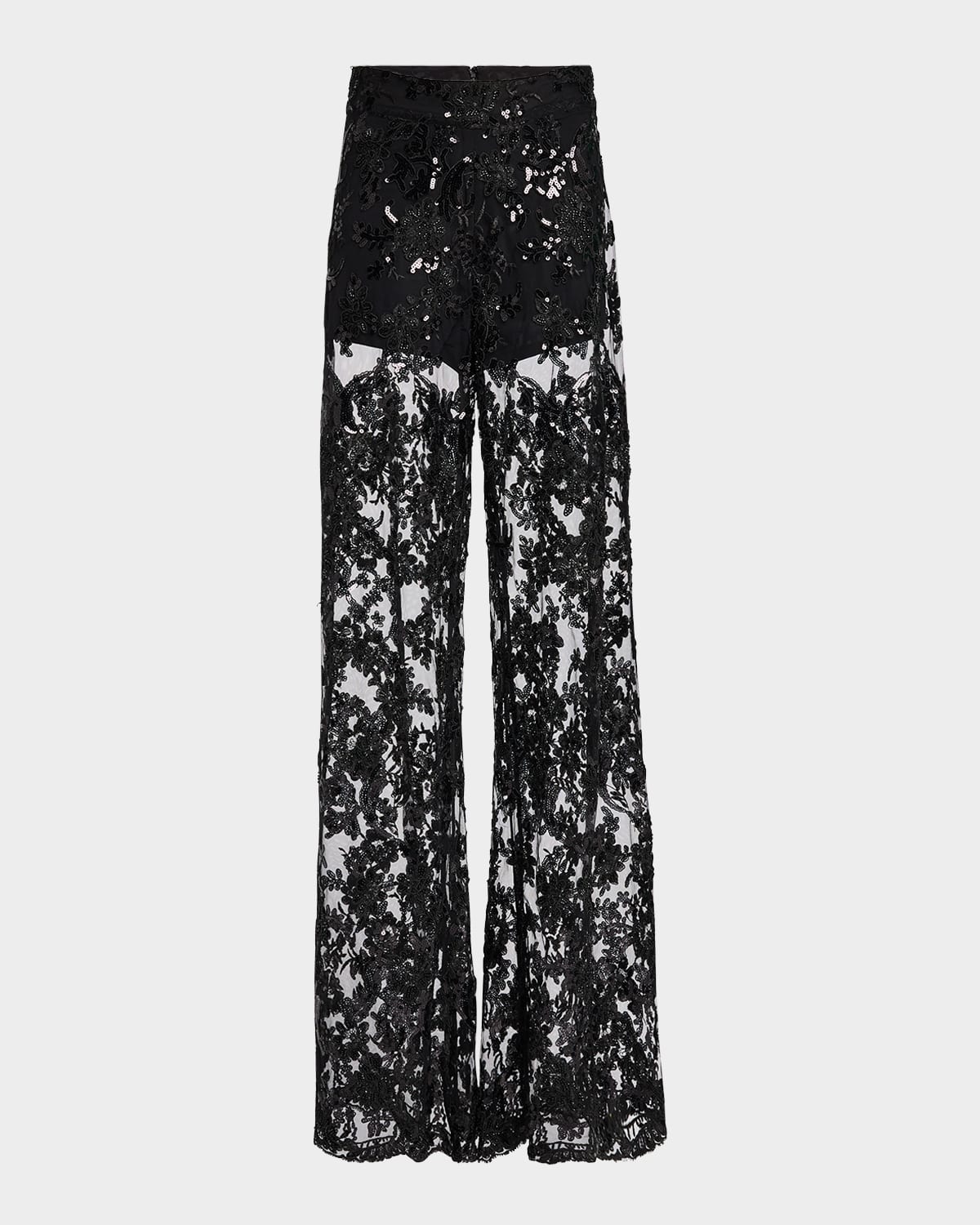 Alice And Olivia Athena Embellished Sheer Lace Wide Leg Pant In Black