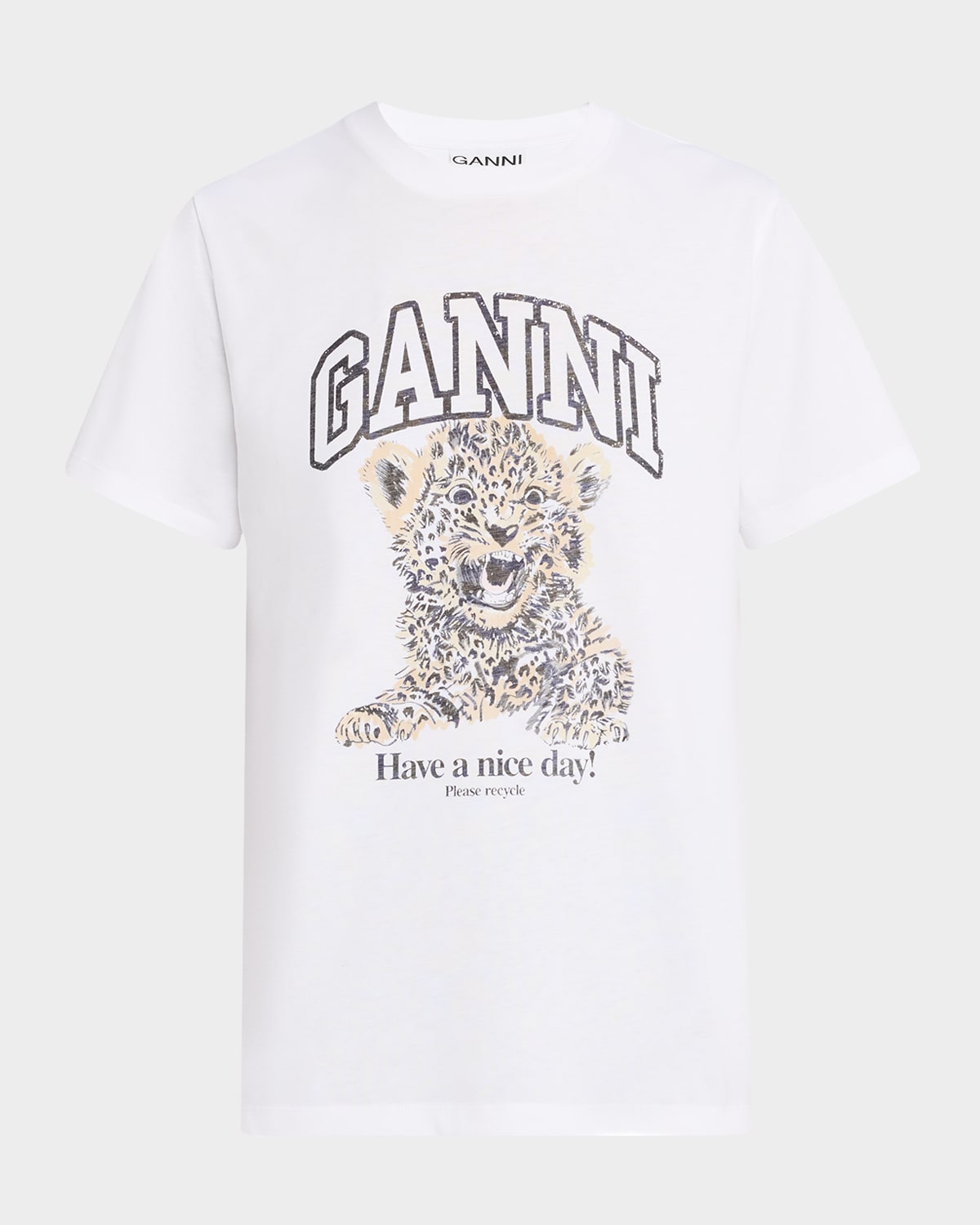 Ganni White T-shirt With Print And Logo Lettering On The Front In Cotton Woman In Leopard