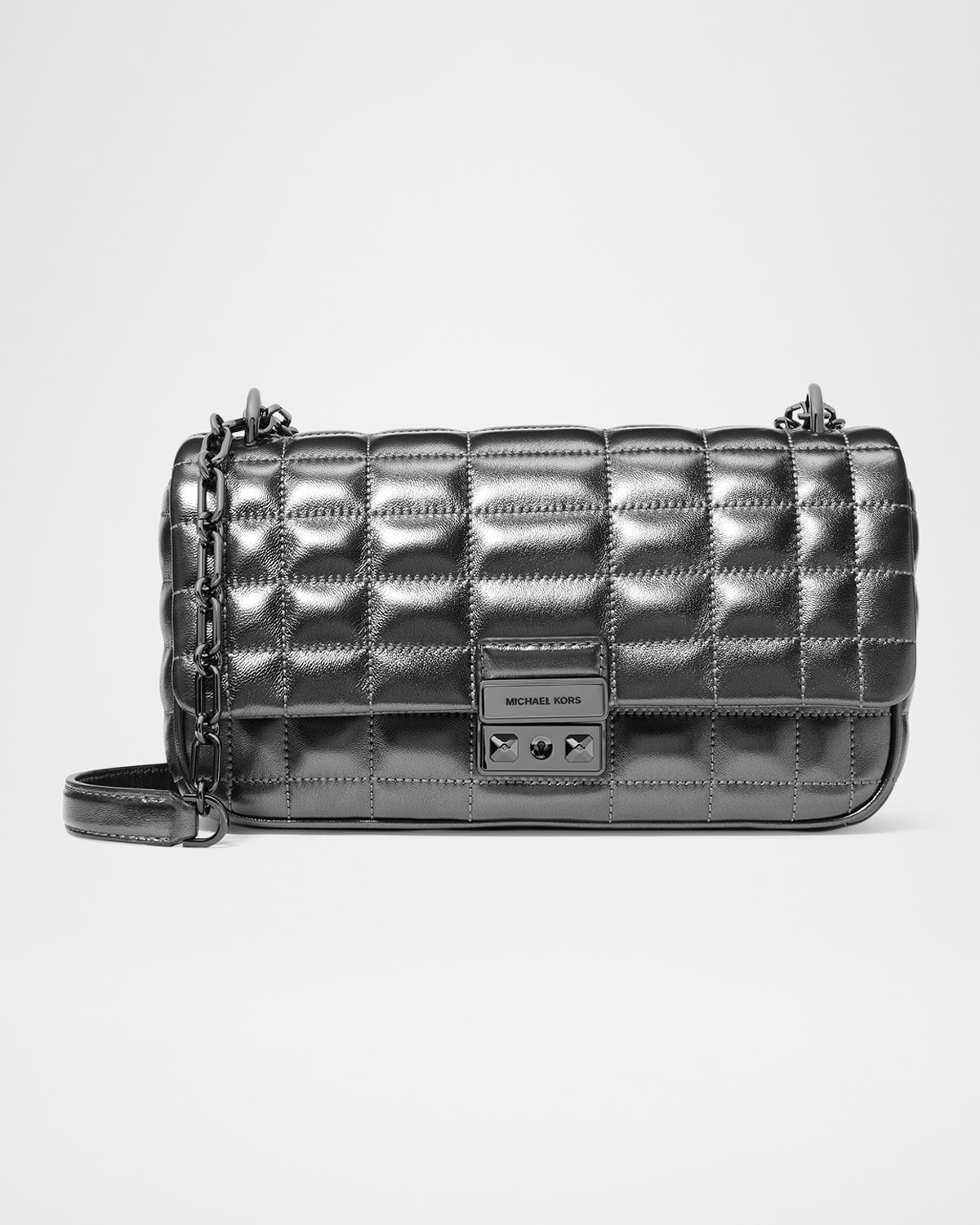 Shop Michael Michael Kors Tribeca Convertible Quilted Metallic Leather Shoulder Bag In Gunmetal