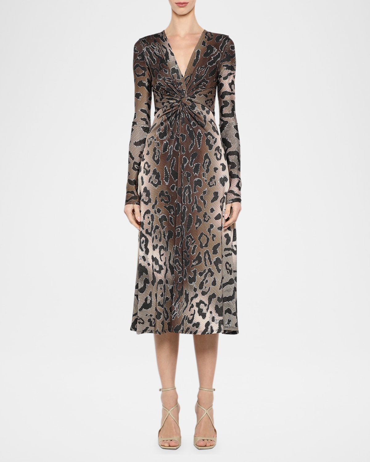 Prabal Gurung Leopard-print Twisted Long-sleeve Jersey Midi Dress In Leopard Multi