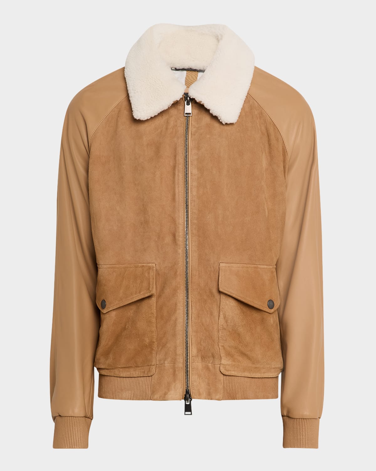 Men's Maduroy Shearling-Collar Corduroy and Leather Jacket